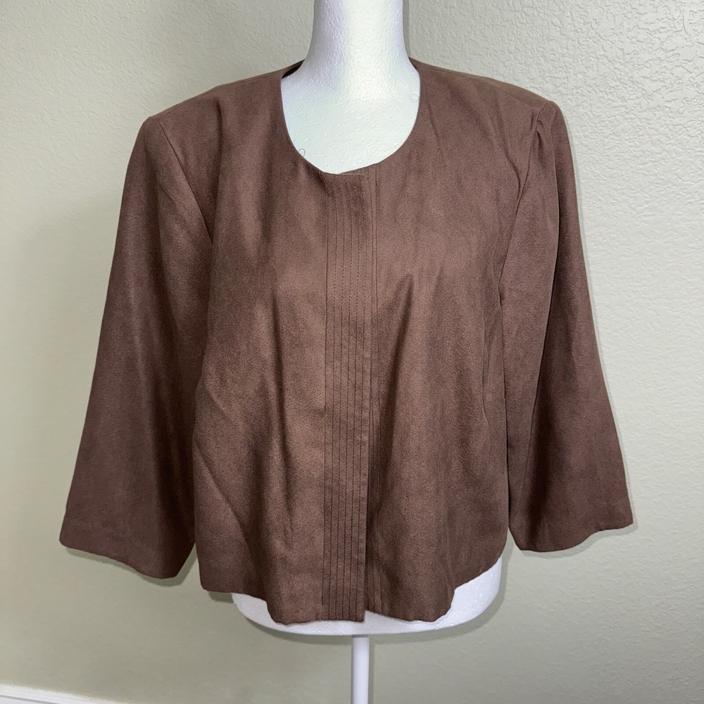 Jessica Howard Woman Brown Faux Suede Open Front Cropped Jacket 14W JH6W1055‎